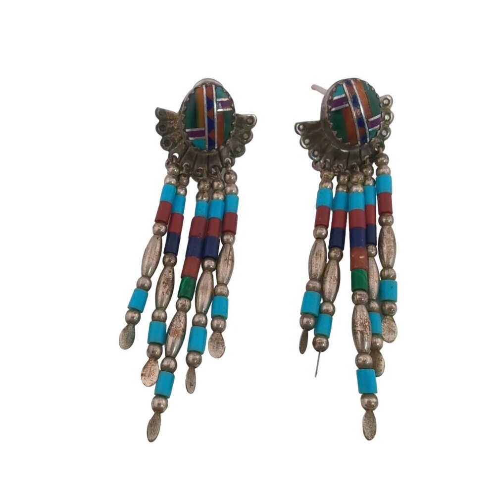 VTG Sterling Silver Turquoise Gem Inlay Beaded Fringe Dangle Earrings Southwest
